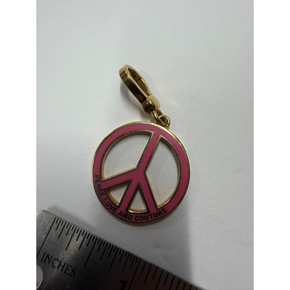 Juicy Couture Gold Tone Crystal Pink Enamel Peace Sign Charm Y2K Pave Pendant - Picture 4 of 4